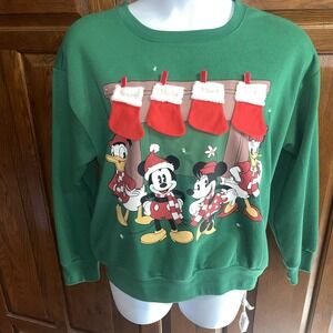 Disney Lg 12-14 Mickey, Minnie, Donald, & Daisy Green Holiday Sweatshirt Lights